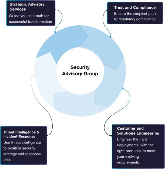 Security advisory groups involve strategic advisory services, threat intelligence, incident response, and solutions engineering.